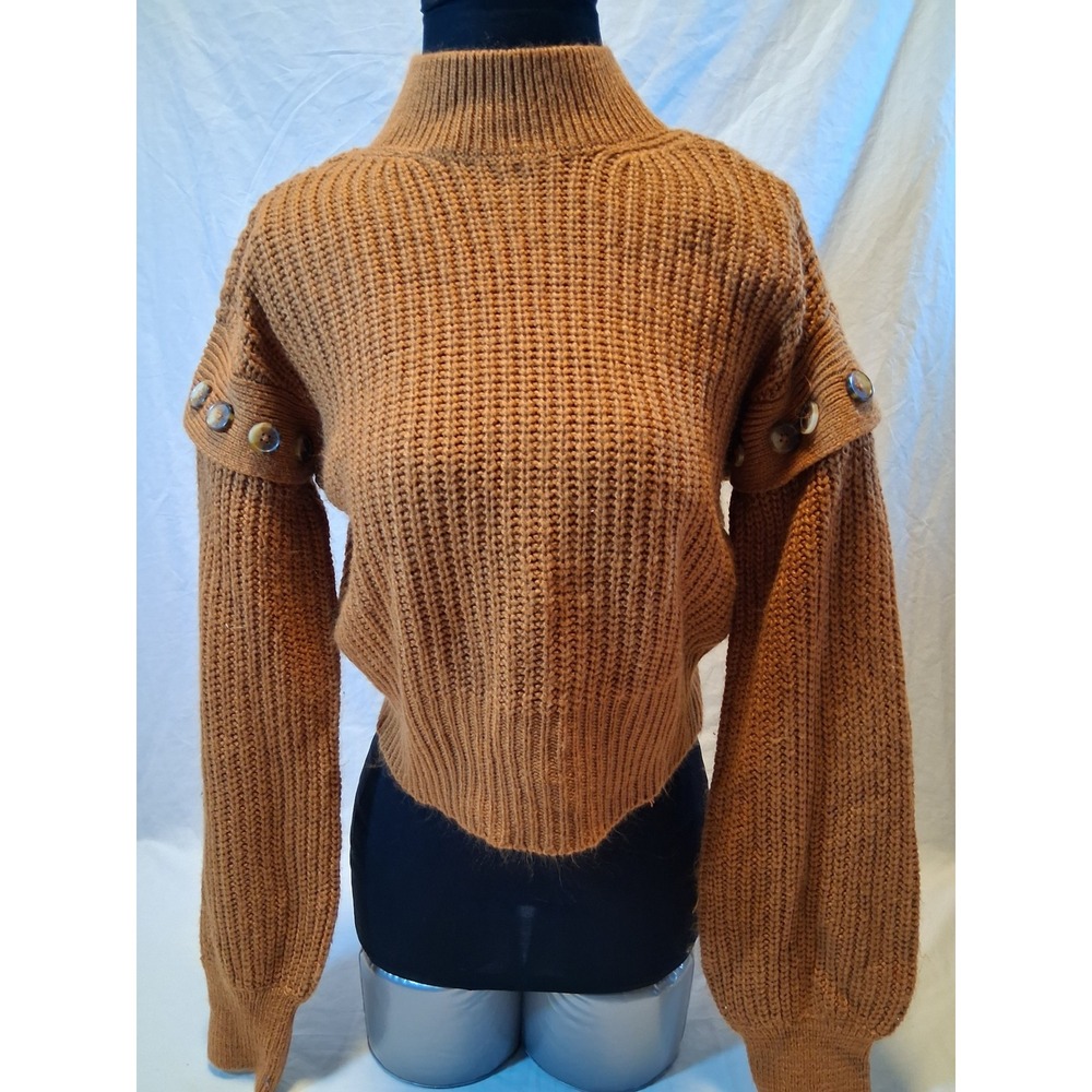 Full Circle Trends Camel Brown Cutout Open Shoulder Button Sweater Small